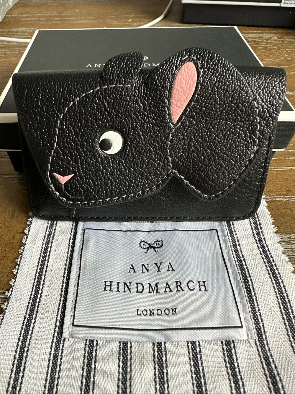 Anya Hindmarch card case rabbit in black capra with rose circus